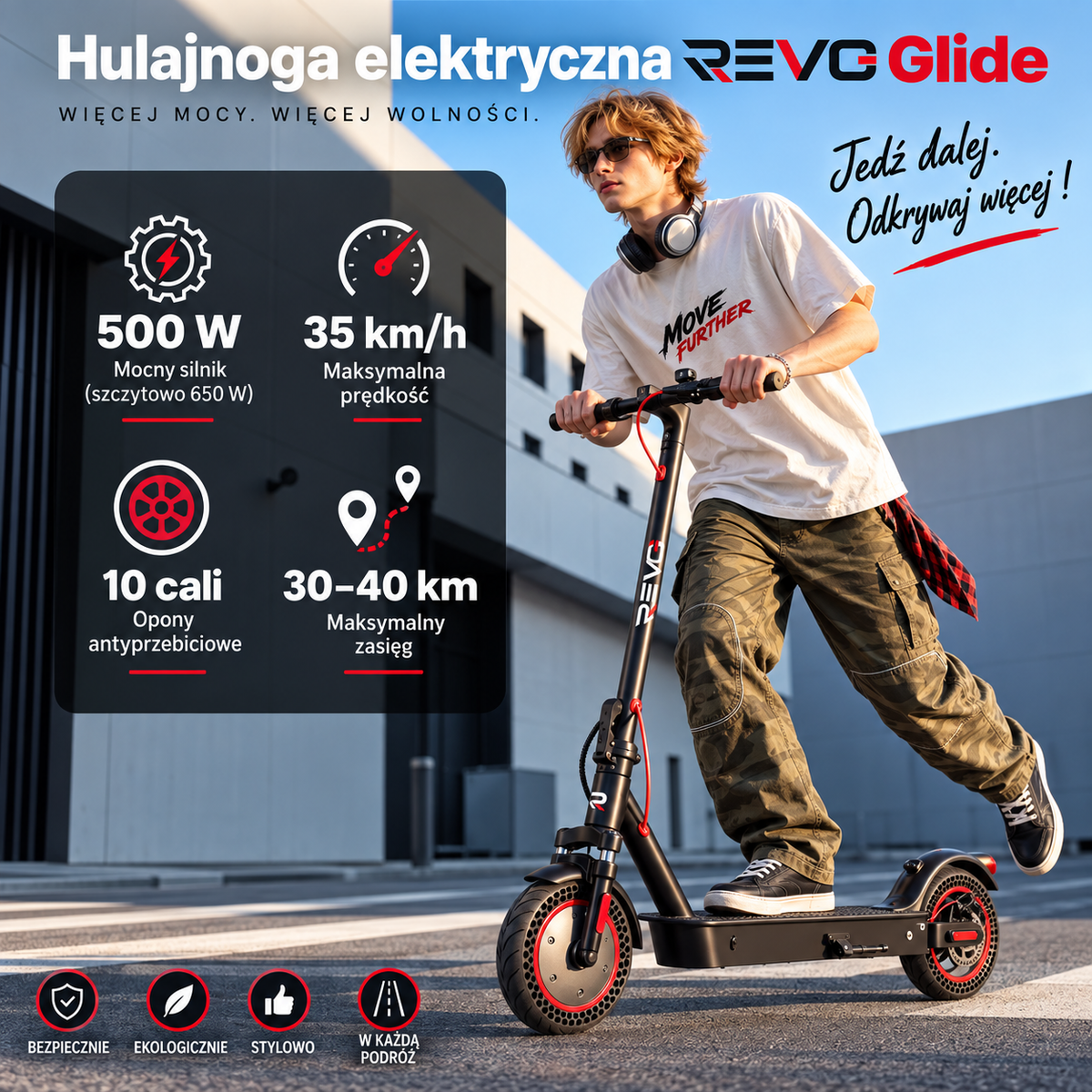 REVO Glide – Hulajnoga Elektryczna 500 W | Zasięg do 40 km | Koła 10″ | Aplikacja Mobilna