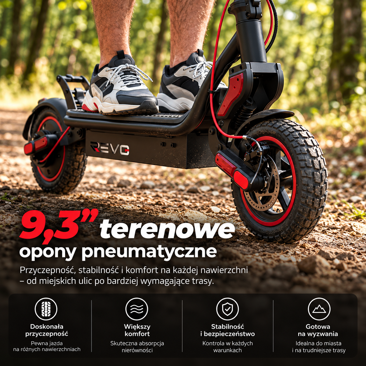 REVO Pulse – Hulajnoga Elektryczna 750 W – Zasięg do 45 km – Bateria 48 V 14 Ah – Opony 9,3″ – 4 Tryby Jazdy