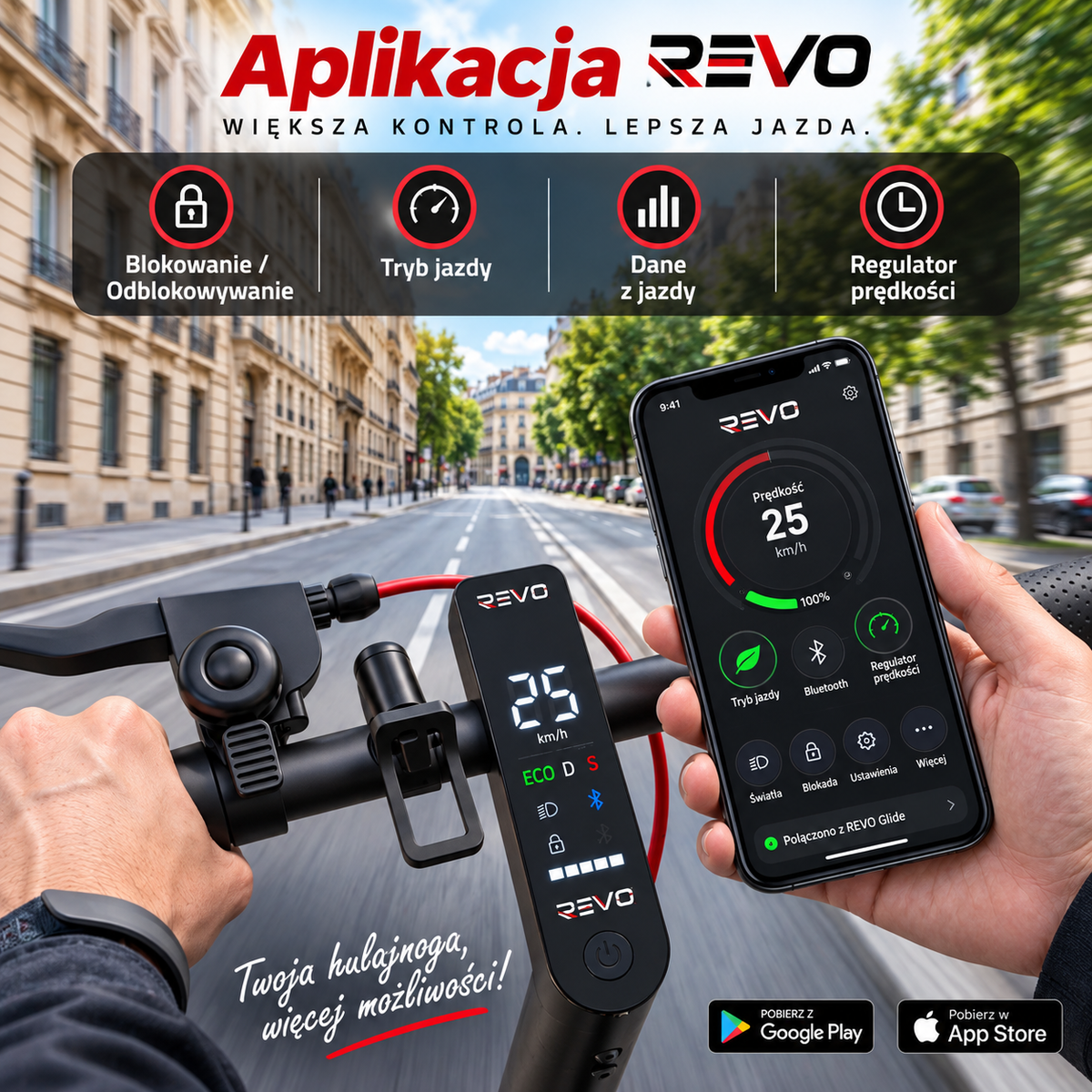 REVO Glide – Hulajnoga Elektryczna 500 W | Zasięg do 40 km | Koła 10″ | Aplikacja Mobilna